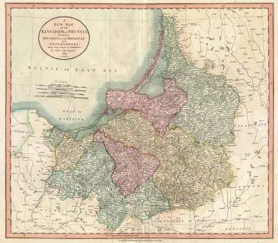 Lagarna - Podział niemieckich Prus Wschodnich na regiony. Angielska mapa z 1799r. Wys...