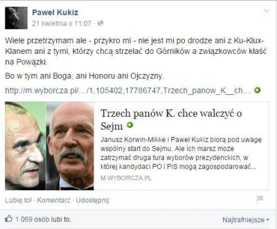 L3stko - #kukiz skasował swoje posty atakujące #korwin (o Ku-Klux-Klanie, o górnikach...