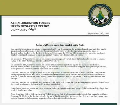 K.....e - Afrin Liberation Forces zabiło 7 najemników walczących dla Turków w prowinc...