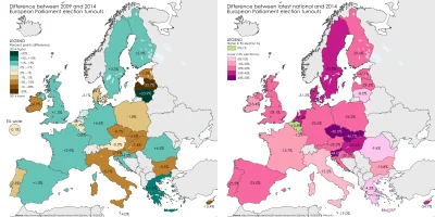 szkkam - Po lewej różnica we frekwencji między wyborami do EP w 2009 i 2014 roku.

Po...
