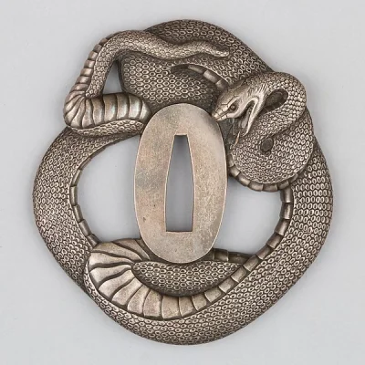 myrmekochoria - Tsuba (jelec miecza: 138 g, srebro i miedź) z wężem, Japonia 1615–186...