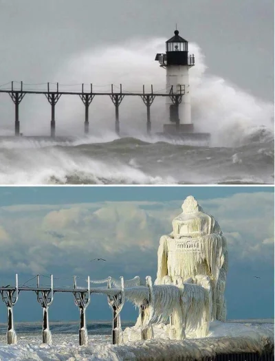 Castellano - Latarnia morska w Michigan, przed i po burzy lodowej
#fotografia #cieka...