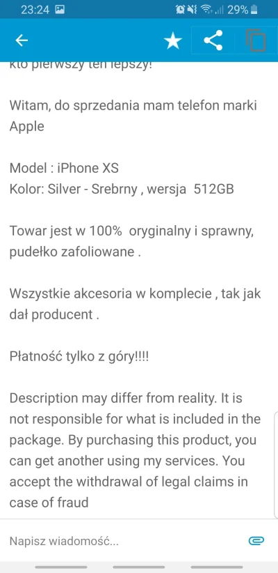 Wazzzup - Jaki rak na olx xD iPhone Xs za 2500zł. To zastrzeżenie po angielsku xDD
#o...