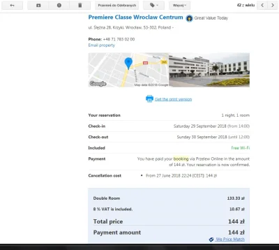 B.....y - Odstąpię jedną noc (środa, 29 sierpień) w Première Classe Wroclaw Centrum. ...