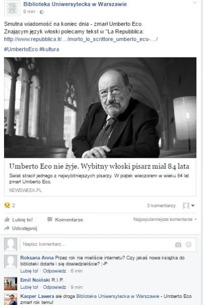 idealistka - Biblioteka Uniwersytetu Warszawskiego dziś ogłosiła, że Umberto Eco nie ...