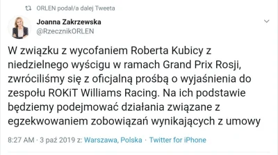 MaciejFranciszek - Orlen oczekuje wyjaśnień od Williamsa powodów wyciągania RK z osta...