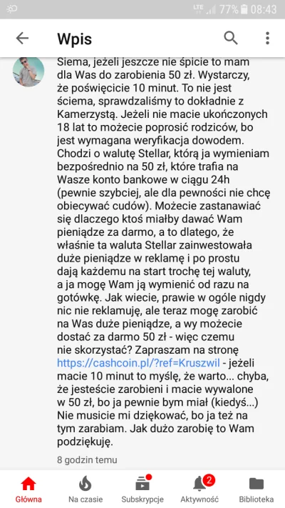 100x - Dają od 25 zł do 50 zł za xlm. http://cashcoin.pl
Kruszwil to reklamuje. 25 z...