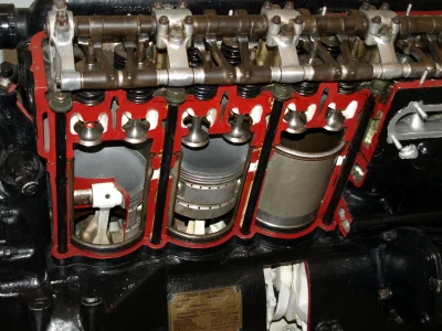 pogop - Cutaway view of 1941 Packard Merlin 28 V12 aircraft engine showing SOHC and f...