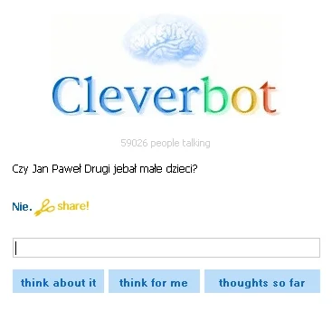 Magej - coś nie taki mądry ten cleverbot
#2137 #wykopobrazapapieza #cleverbot