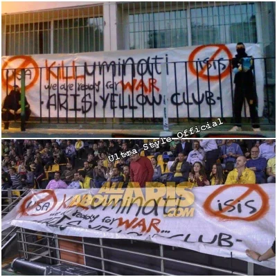 juby0001 - Banner made against new world order, USA and ISIS by Aris ultras yesterday...