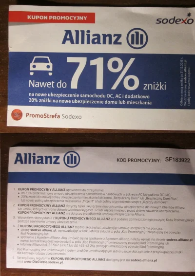 U.....2 - Oddaję zniżkę Allianz na ubezpieczenie samochodu OC, AC, domu, mieszkania. ...