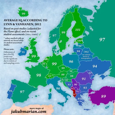 ziganowak - Średnie IQ w Europie. Najmądrzejsi są Szwajcarzy, Holendrzy, Finowie i Es...