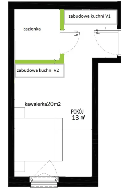 Muszczyna - W którym miejscu byście woleli mieć kuchnie w mieszkanku 20m2 - jak na V1...
