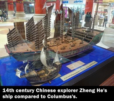 s.....8 - Chiński statek z XIV wieku i jego wielkość w porównaniu do statku Kolumba.
...