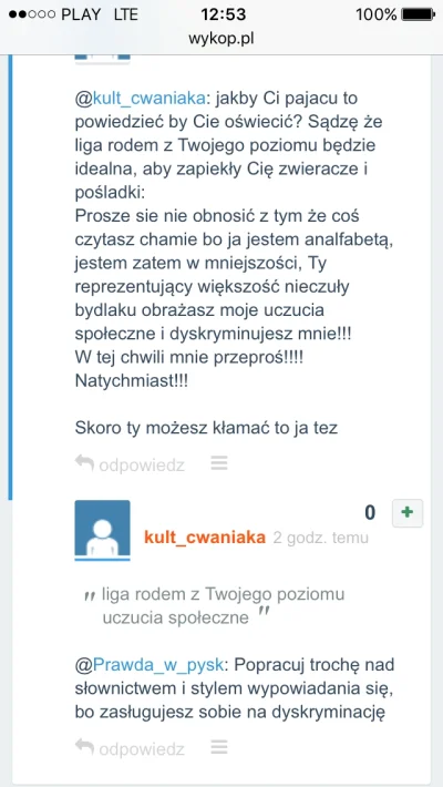 Prawdawpysk - @kult_cwaniaka: oczekuj bana od @moderacja za publiczną dyskryminacje.(...