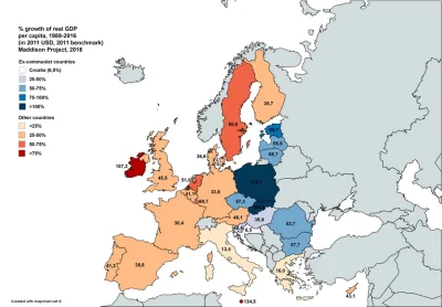 CMaker - Mapa pokazująca wzrost PKB w Europie w latach 1989-2016. 

#mapporn #mapy ...