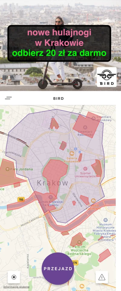 LubieKiedy - Bird - 20 zł (ok 34 minuty jazdy hulajnogą za darmo)

Na ulicach Krako...
