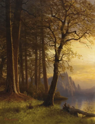Ponczka - Albert Bierstadt Zachód słońca w Kalifornii, Yosemite
#usa #sztuka #malars...