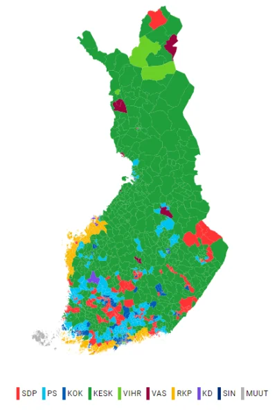 swietlowka - Wybory parlamentarne 2019 w Finlandii na mapie
SDP - czerwony - socjald...