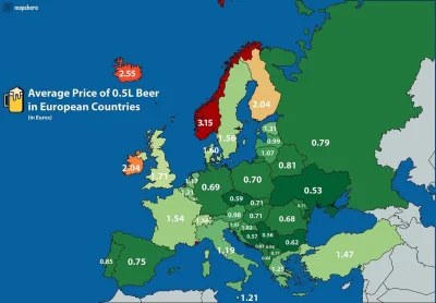 Brajanusz_hejterowy - Średnia cena 0,5l piwa w krajach Europy i Turcji.
#mapy #piwo ...