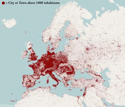 I.....0 - miejscowości powyżej 1000 mieszkańców zaznaczone na mapie Europy.
#mapporn...