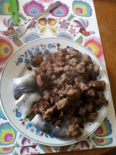 anonymous_derp - Dzisiejsze śniadanie: Smażona wołowina mielona, marynowane filety śl...