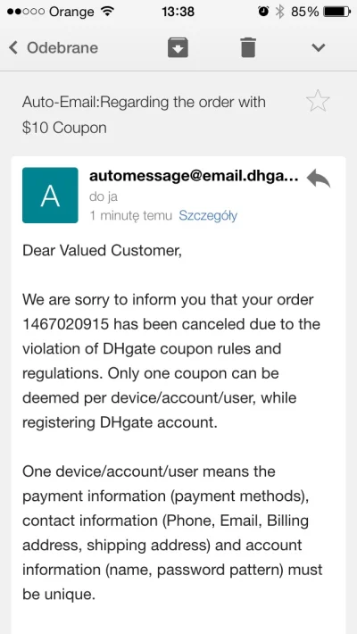Uber_PRO - #dhgate 



No ładnie anulowali mi n razie dwa zamówienia, ponieważ jeden ...
