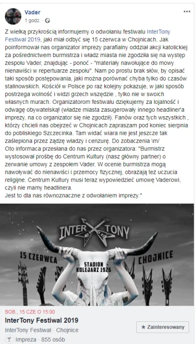saakaszi - InterTony festiwal w Chojnicach na którym miał zagrać Vader odwołany po pr...