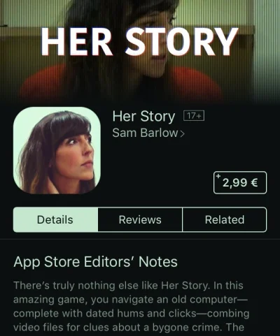krozabalka - Gra Her Story na #ios przeceniona z 4,99€ na 2,99€.
https://appsto.re/pl...