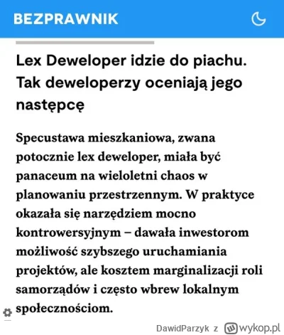 DawidParzyk - "Specustawa mieszkaniowa, zwana potocznie lex deweloper, miała być pana...