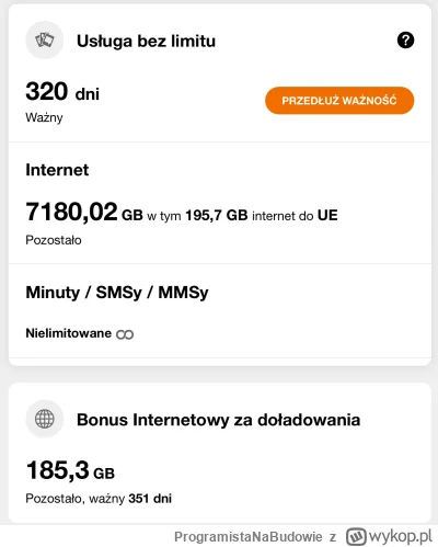 ProgramistaNaBudowie - @voot: Orange na kartę, ładujesz za 360 zł raz na rok i dostaj...