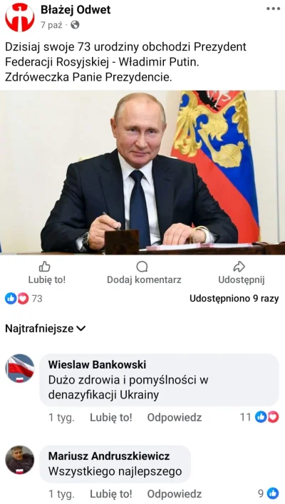 Lolenson1888 - Na Facebooku Wiesławy i Mariusze składają życzenia urodzinowe Putinowi...