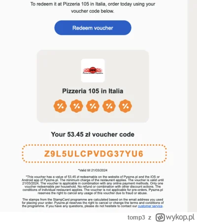 tomp3 - Mam jakiś voucher na 53.45 zł do Pizzeria 105, z którego na pewno nie skorzys...