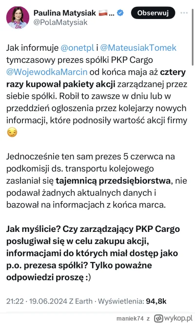 maniek74 - #gielda

lewaczka z uśmiechniętej koalicji insynuuje prezesowi PKP Cargo i...