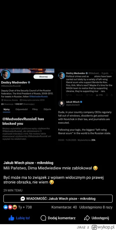 JAn2 - Miedwiediew zablokował Wiecha na Twitterze XDDDD

Może naczelny alkus Kremla z...