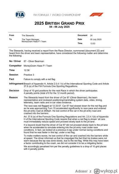Adoxer - #f1 Ollie Bearmann za incydent podczas czerwonej flagi pod koniec FP3 ( gdzi...