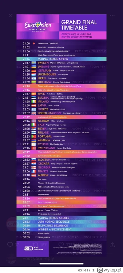 exile17 - #eurowizja 
Jakby ktoś chciał się rozeznać czasowo