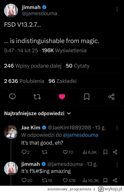 anonimowy_programista - Wrzucam ze względu na to kto tak pisze

#tesla #fsd #robotaxi