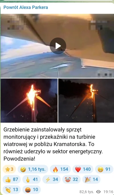 Nieszkodnik - >rosja niszczy turbiny wiatrowe w krematorsku 

@QoTheGreat: podobno Uk...