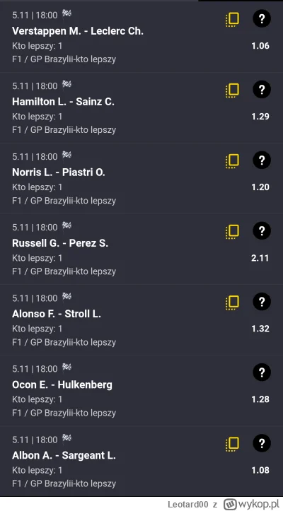 Leotard00 - Moje typy na dzisiaj

#f1 #bukmacherka