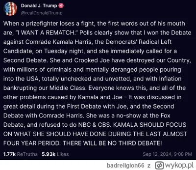 badreligion66 - #polityka #usa Nie będzie 3 debaty. Donald obsrał zbroję