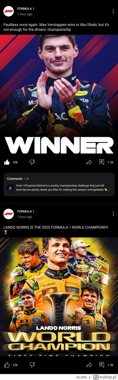 0caffe - #f1 na YouTube na kanale F1 post że Max wygrał wyścig ma ponad 2x tyle polub...