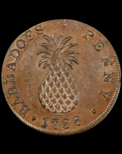 Loskamilos1 - Moneta z ananasem, wyrób z miedzi pochodzący z Barbadosu, po niewidoczn...