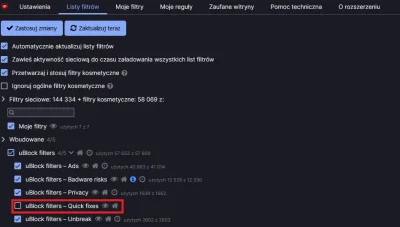 levzor - fix w ublocku, żeby dalej blokować reklamy, trzeba odznaczyć "quick fixes"
p...