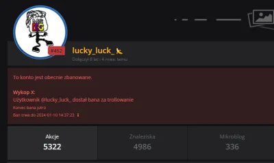 WykopX - Uprzejmie informuję, że użytkownik bordo @luckyluck dostał jednodniowego ban...