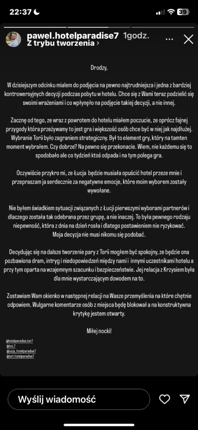 WstajeWychodze - „Oczywiście przykro mi, że Łucja będzie musiała opuścić hotel przeze...