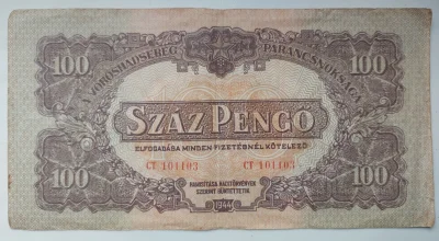 Barakun91 - #numizmatyka #hobby #pieniadze #banknoty

100 Pengo z Węgier 1944