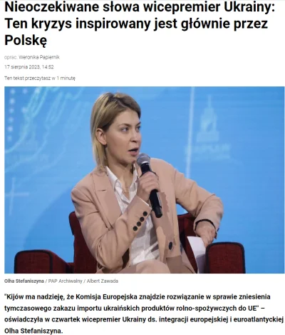 Ryneczek - Ukraińska wicepremier atakuje Polskę, sugerując, że nasz kraj zarabia na k...