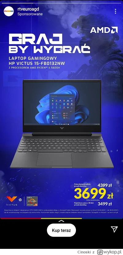 Cinoski - Bardzo luks obniżka o -200 zł, bierę pińć
#rtveuroagd #laptopy