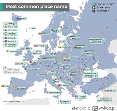 atencjon - Mapa informująca o najczęściej występującej nazwie miejscowości w danym kr...